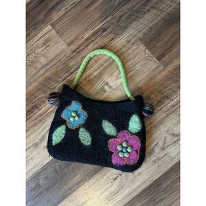 Rising Tide Felted Wool‎ Purse Shoulder Bag Black Floral Nepal Boho Hippie